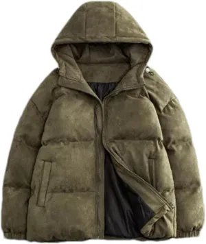 Men Outdoor Hooded Zipper Cotton-Padded Classic Thicken Oversized Suede Parka Coat