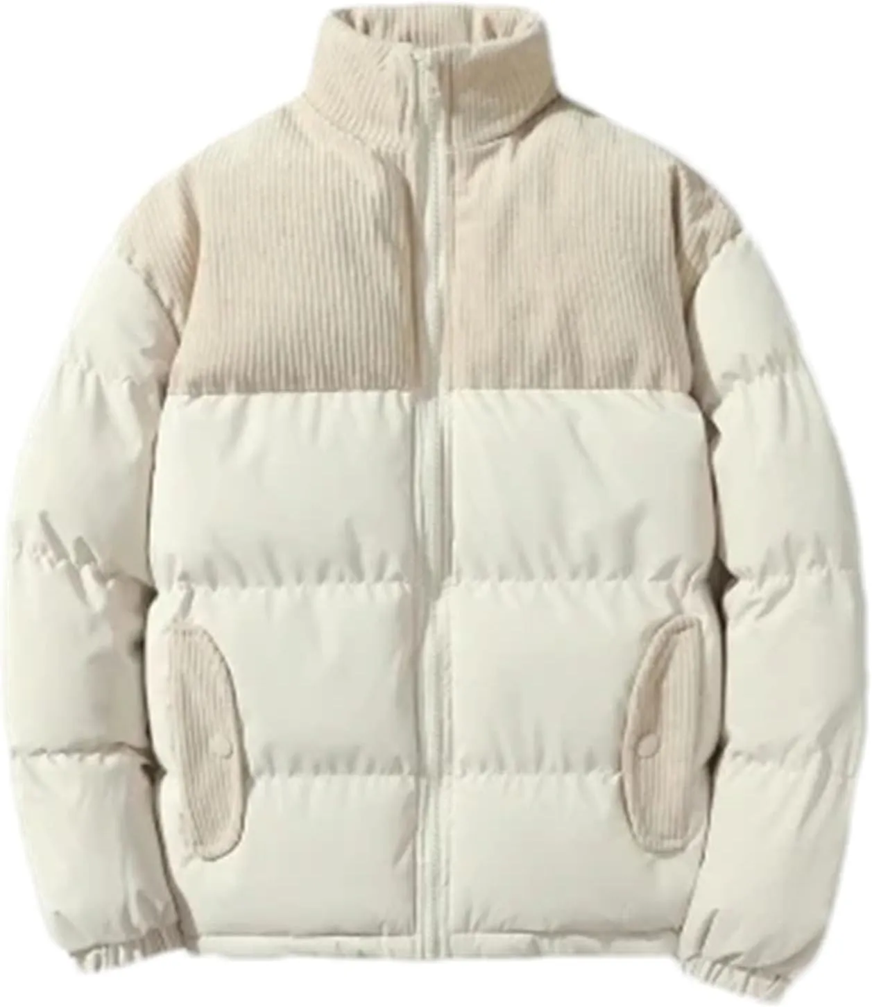 Men Patchwork Corduroy Stand Collar Cotton-Padded Jacket Classic Oversized Parka Coat