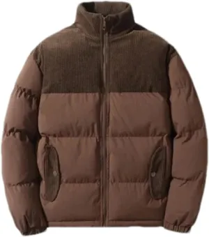 Men Patchwork Corduroy Stand Collar Cotton-Padded Jacket Classic Oversized Parka Coat