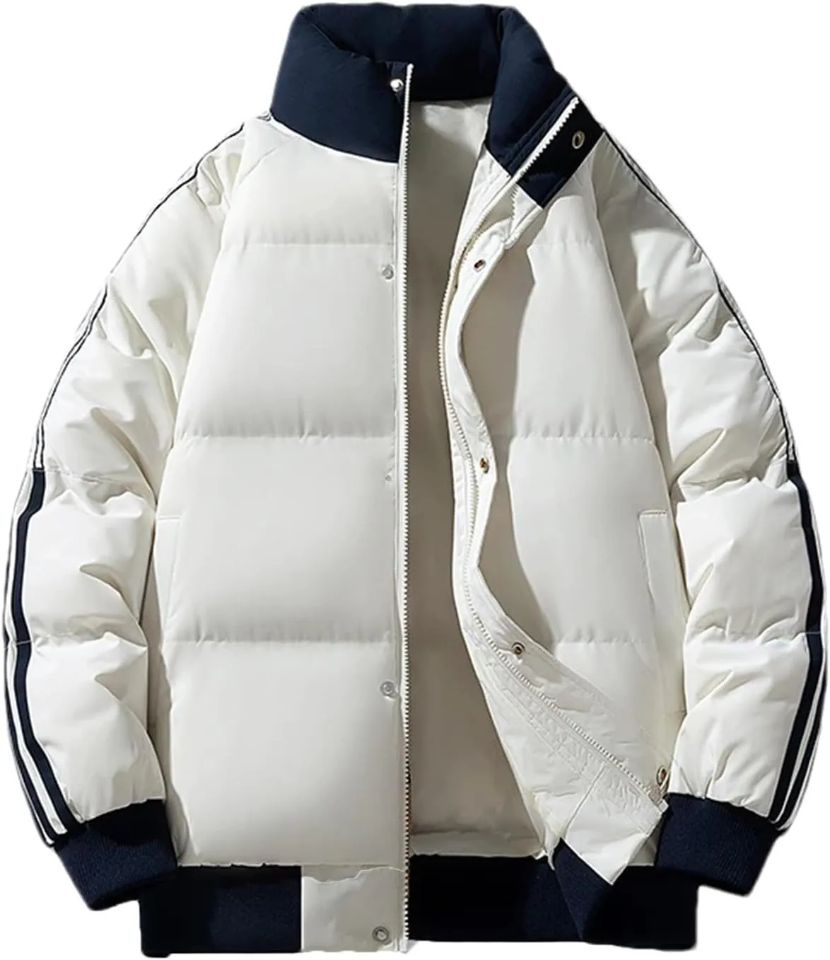 Men Patchwork Stand Collar Cotton-Padded Classic Outdoor Solid Thicken Oversized Parka Coat