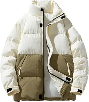 Men Patchwork Stand Collar Cotton-Padded Jacket Classic Zipper Pockets Oversized Parka Coat