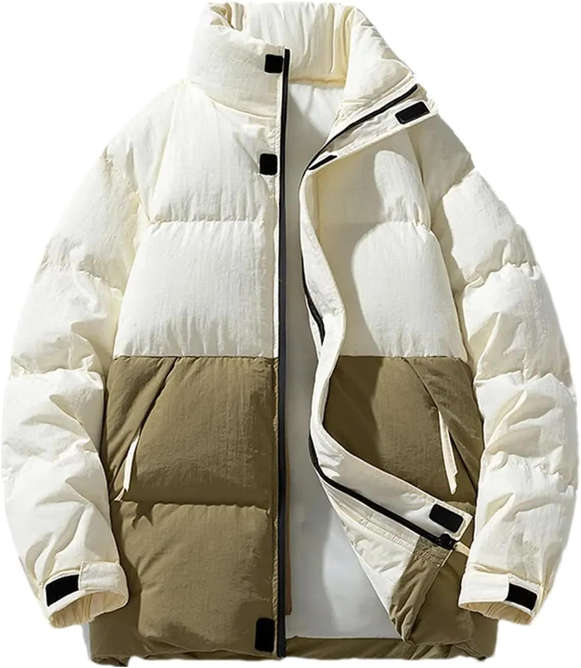 Men Patchwork Stand Collar Cotton-Padded Jacket Classic Zipper Pockets Oversized Parka Coat