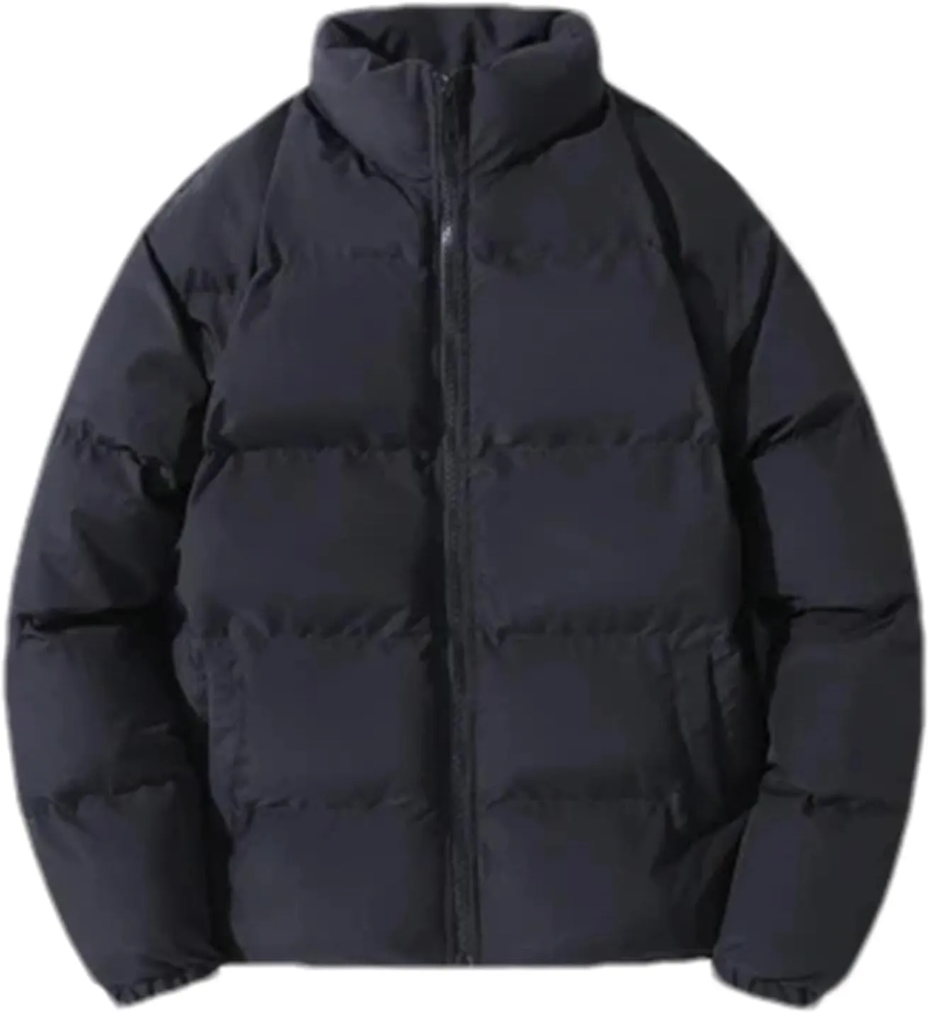 Men Solid Stand Collar Cotton-Padded Jacket Classic Thicken Warm Zipper Long Sleeve Parka Coat