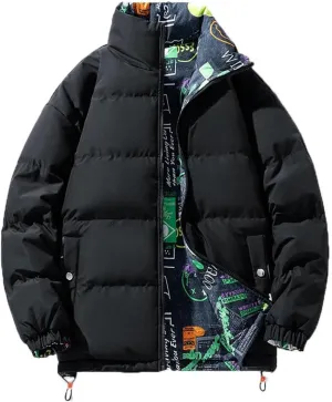 Men Stand Collar Reversible Wearable Cotton-Padded Jacket Classic Thick Warm Zipper Parka Coat