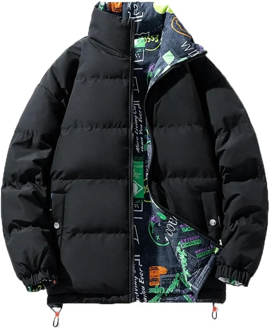 Men Stand Collar Reversible Wearable Cotton-Padded Jacket Classic Thick Warm Zipper Parka Coat