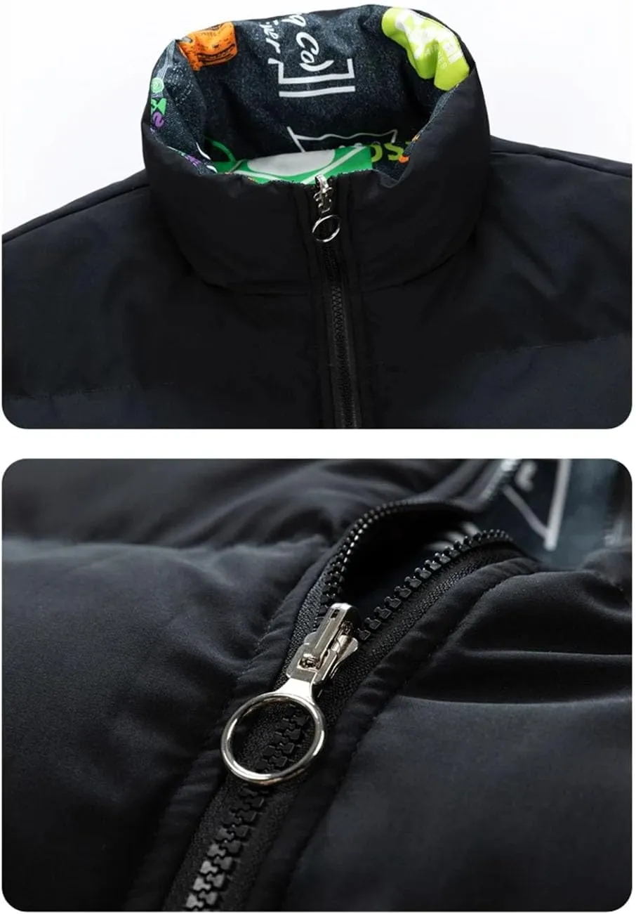 Men Stand Collar Reversible Wearable Cotton-Padded Jacket Classic Thick Warm Zipper Parka Coat