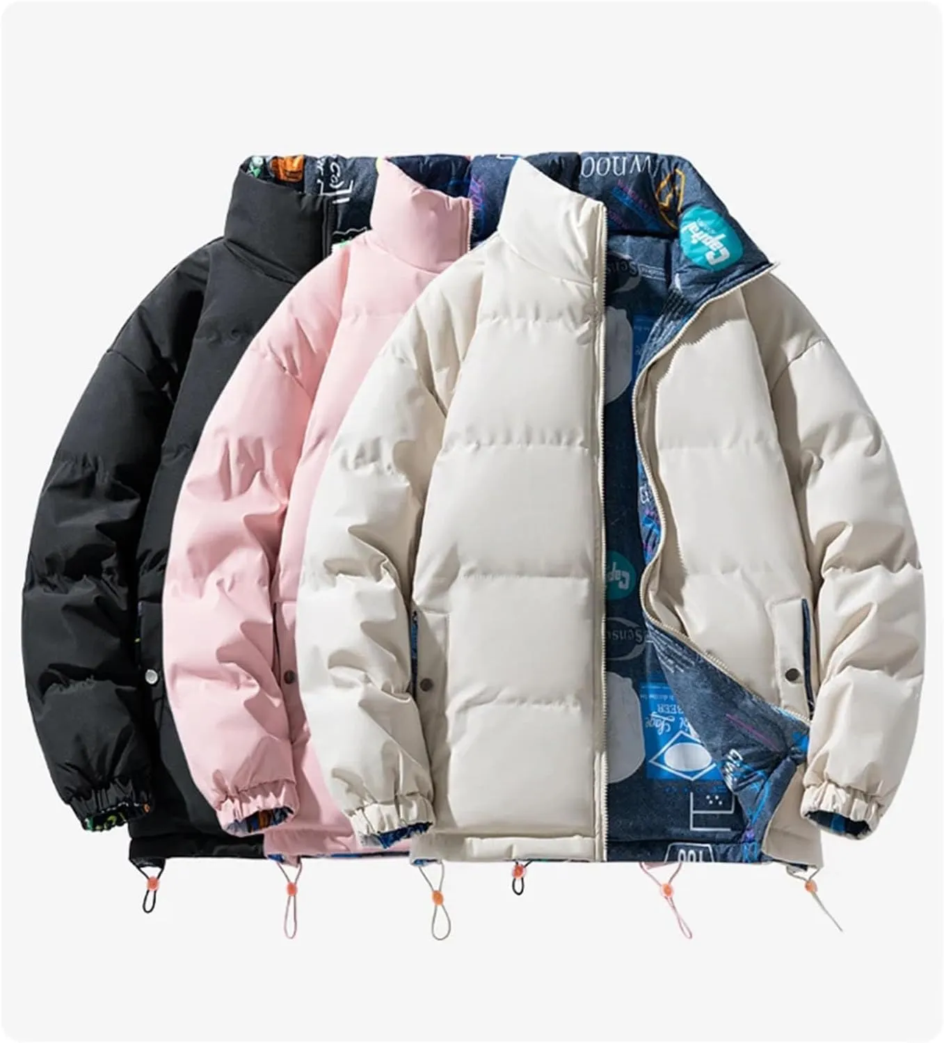 Men Stand Collar Reversible Wearable Cotton-Padded Jacket Classic Thick Warm Zipper Parka Coat