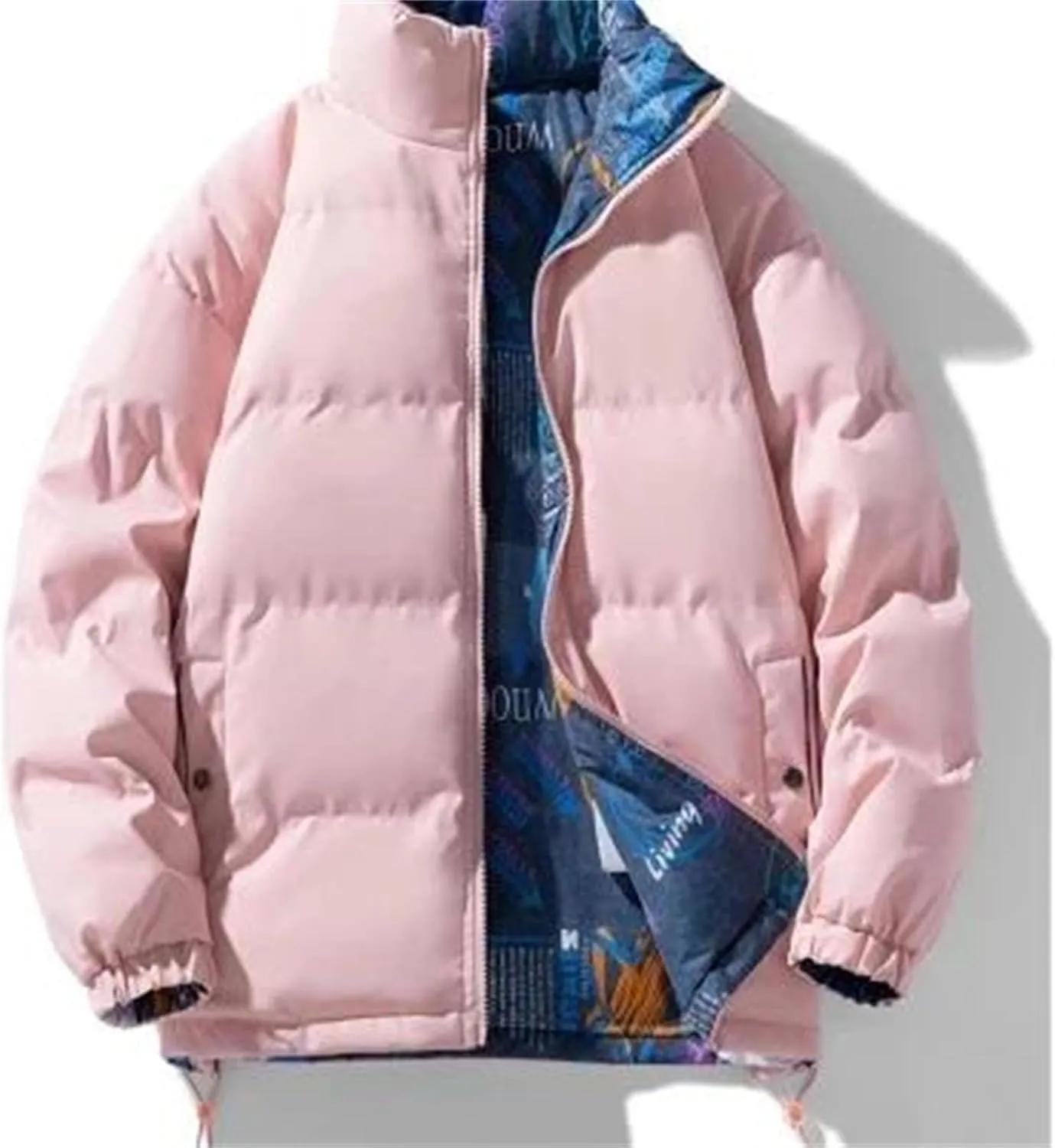 Men Stand Collar Reversible Wearable Cotton-Padded Jacket Classic Thick Warm Zipper Parka Coat