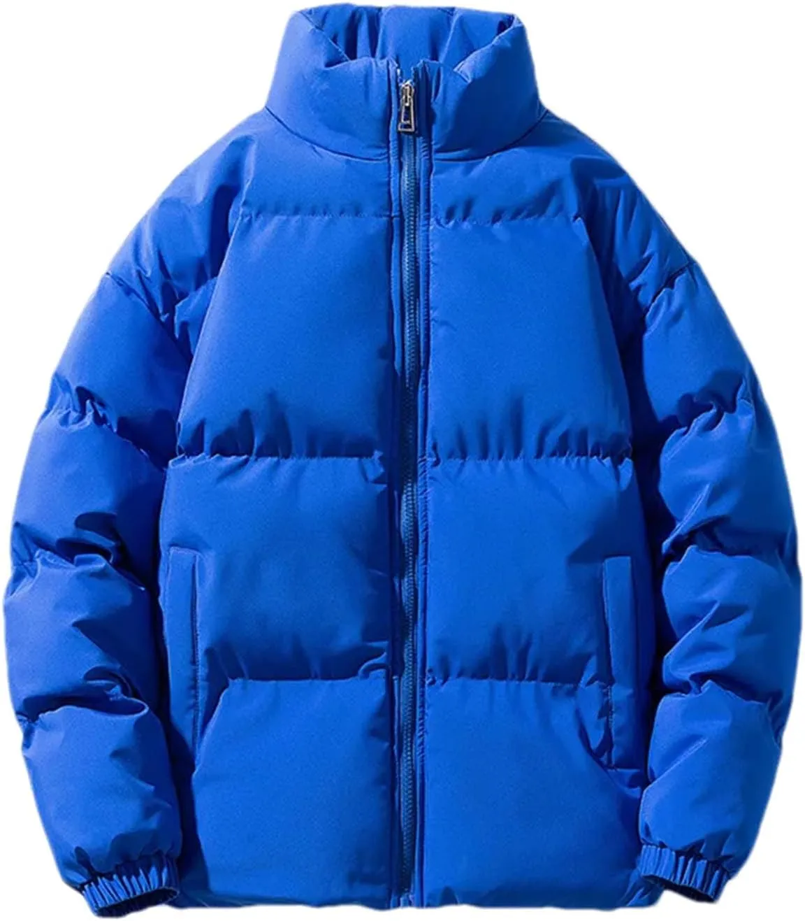 Men Stand Collar Solid Oversized Cotton-Padded Jacket Thicken Classic Stripe Zipper Parka Coat