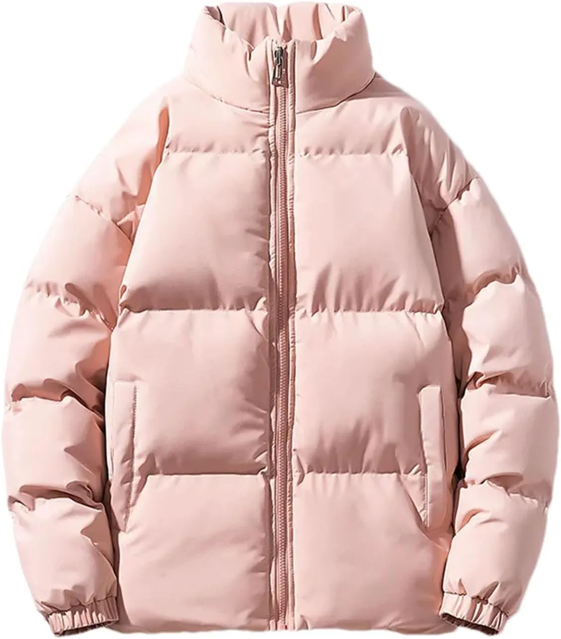 Men Stand Collar Solid Oversized Cotton-Padded Jacket Thicken Classic Stripe Zipper Parka Coat