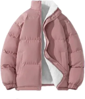 Men Stand Collar Zipper Button Cotton-Padded Jacket Classic Solid Oversized Thick Plush Coat