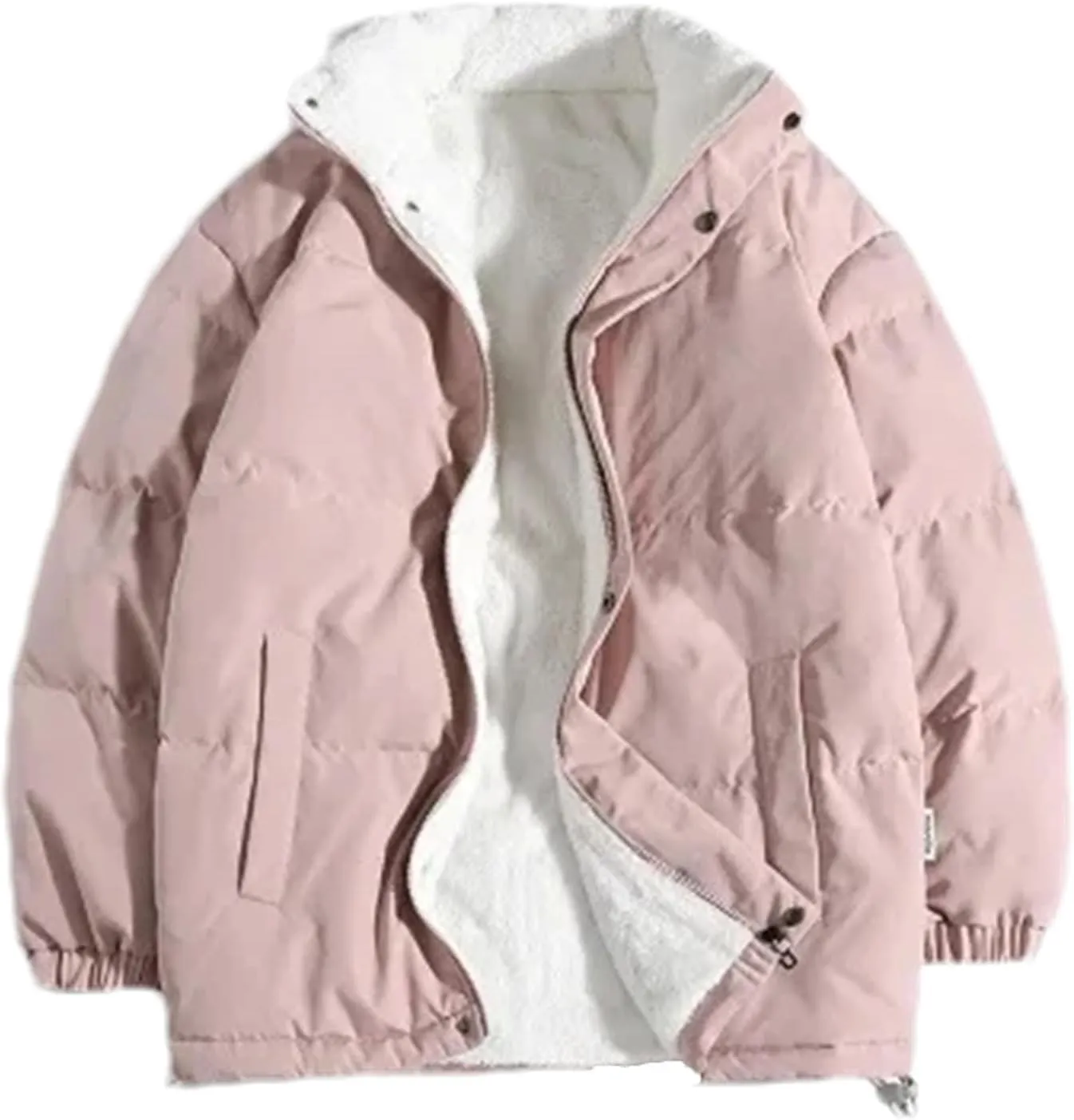 Men Stand Collar Zipper Button Cotton-Padded Jacket Outdoor Oversized Classic Plush Coat