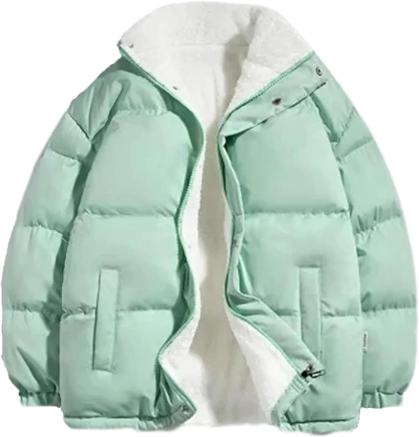 Men Stand Collar Zipper Button Cotton-Padded Jacket Outdoor Oversized Classic Plush Coat