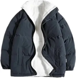 Men Stand Collar Zipper Button Cotton-Padded Jacket Outdoor Oversized Classic Plush Coat