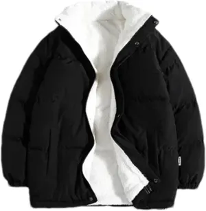 Men Stand Collar Zipper Button Cotton-Padded Jacket Outdoor Oversized Classic Plush Coat