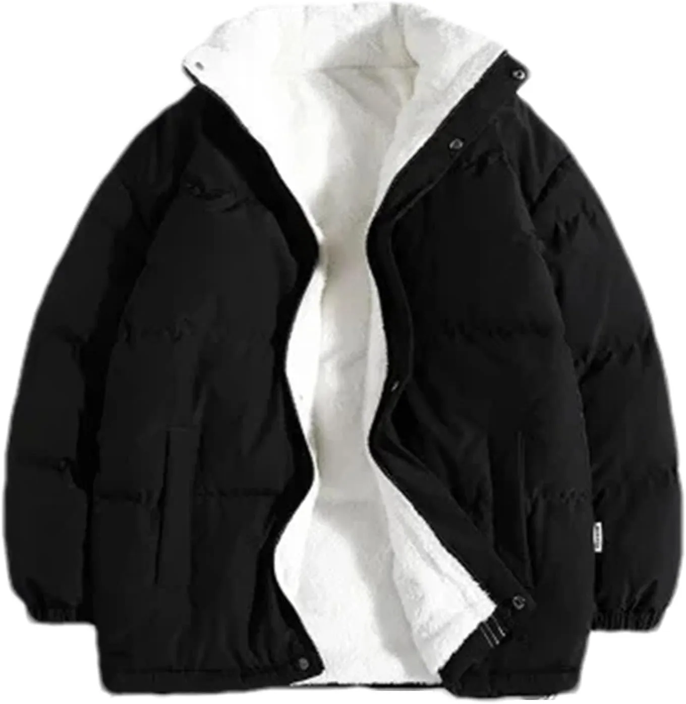 Men Stand Collar Zipper Button Cotton-Padded Jacket Outdoor Oversized Classic Plush Coat