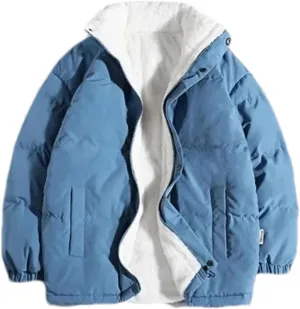 Men Stand Collar Zipper Button Cotton-Padded Jacket Outdoor Oversized Classic Plush Coat