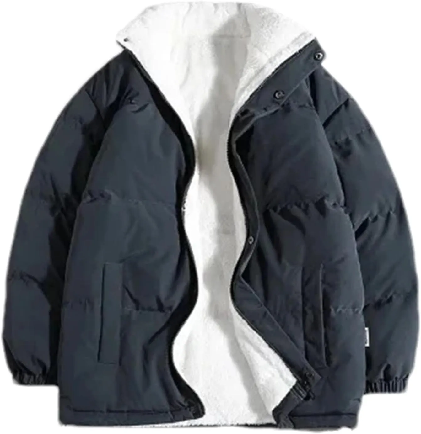 Men Stand Collar Zipper Button Cotton-Padded Jacket Outdoor Oversized Classic Plush Coat