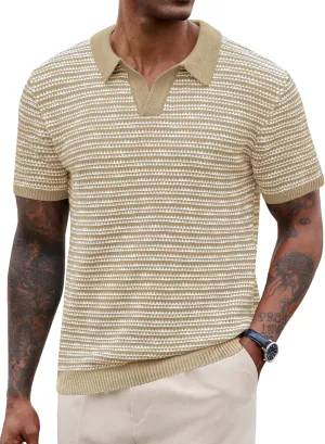 Men V Neck Polo Knit Striped Heavyweight Casual Poloshirts Summer Short Sleeve Shirt (S-XXL)