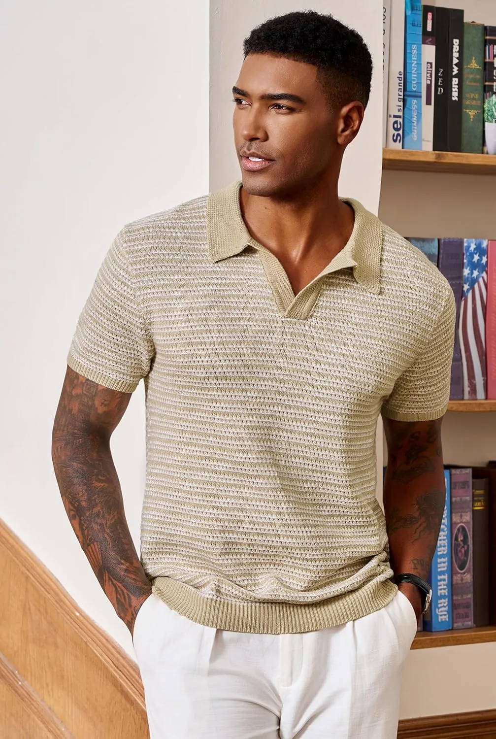 Men V Neck Polo Knit Striped Heavyweight Casual Poloshirts Summer Short Sleeve Shirt (S-XXL)
