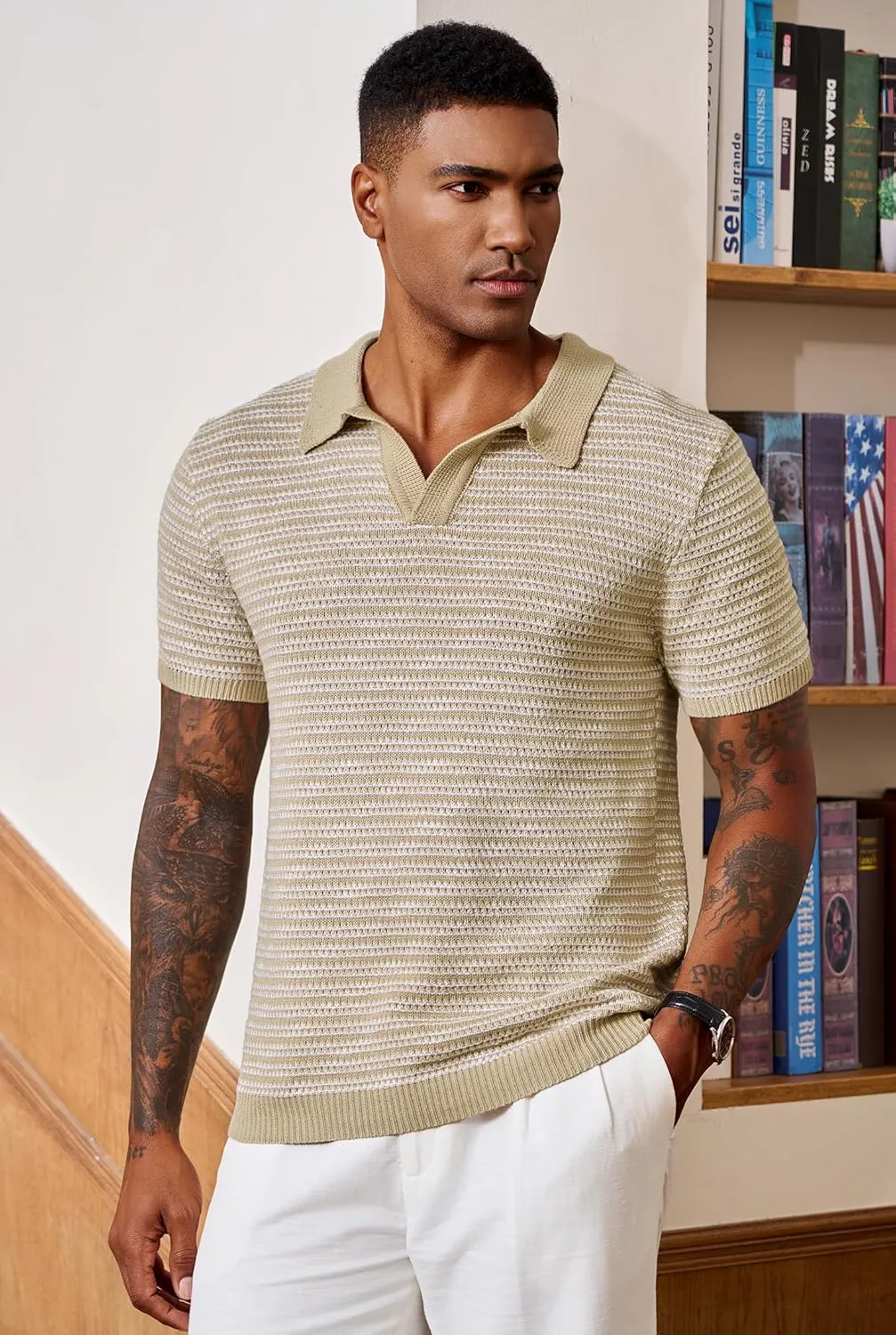 Men V Neck Polo Knit Striped Heavyweight Casual Poloshirts Summer Short Sleeve Shirt (S-XXL)