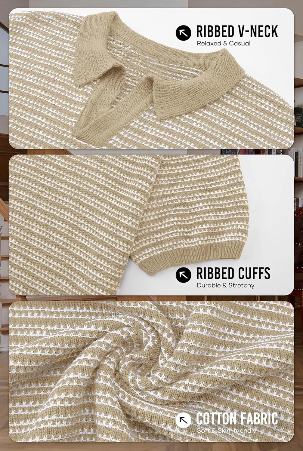 Men V Neck Polo Knit Striped Heavyweight Casual Poloshirts Summer Short Sleeve Shirt (S-XXL)