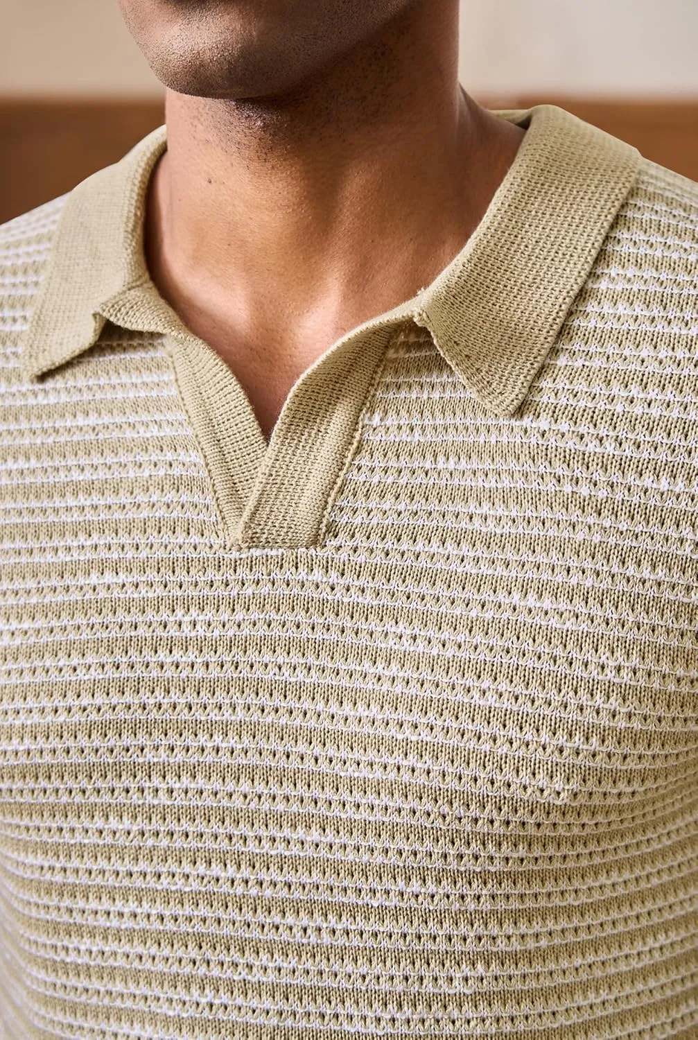 Men V Neck Polo Knit Striped Heavyweight Casual Poloshirts Summer Short Sleeve Shirt (S-XXL)