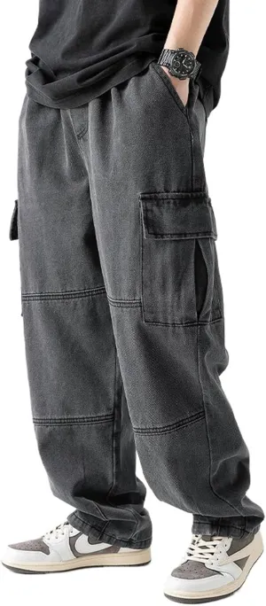 Mens Cargo Jeans Elastic Waist Drawstring Baggy Hip Hop Jeans Y2k Pull On Wide Leg Denim Pants for Teen Boys