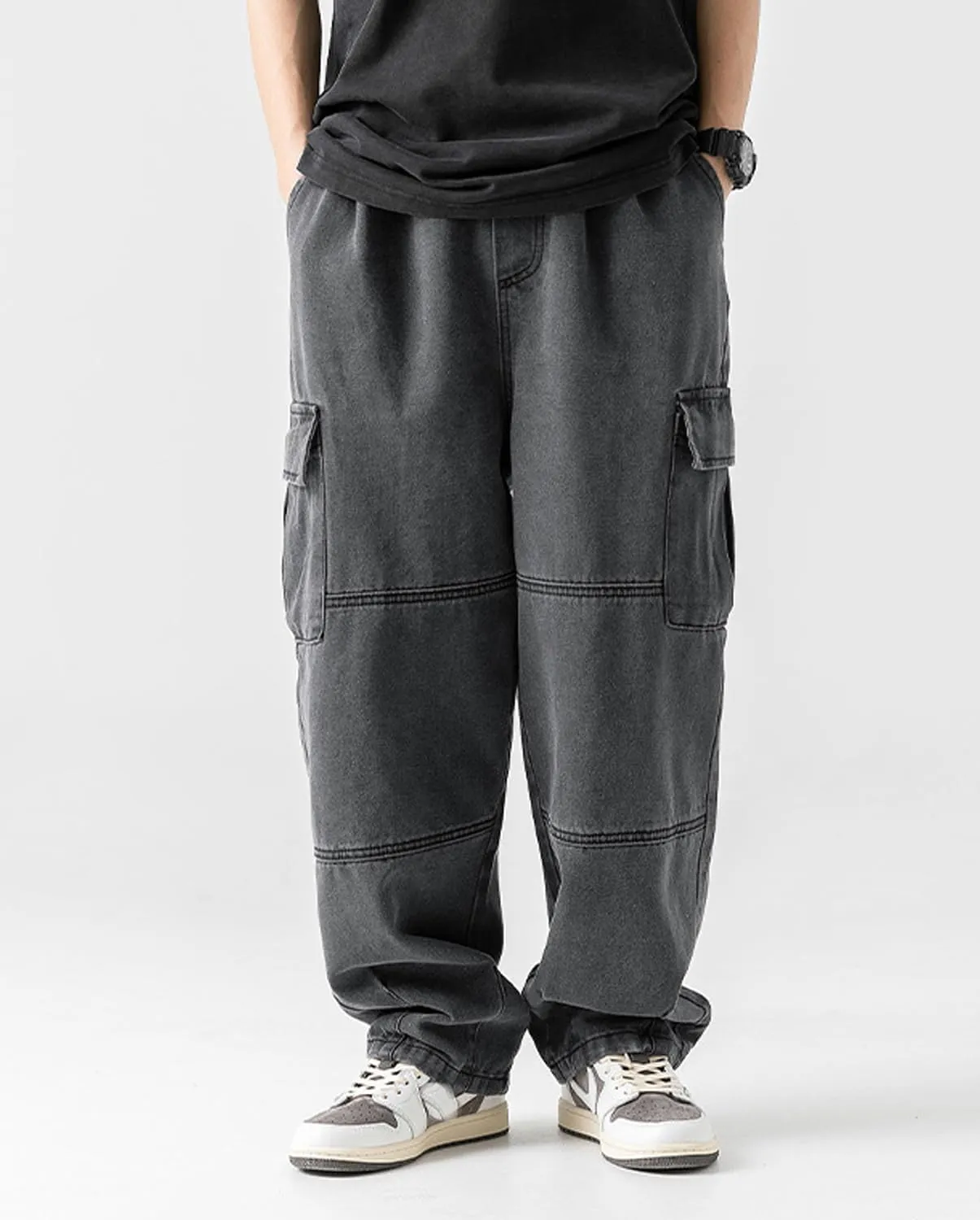 Mens Cargo Jeans Elastic Waist Drawstring Baggy Hip Hop Jeans Y2k Pull On Wide Leg Denim Pants for Teen Boys