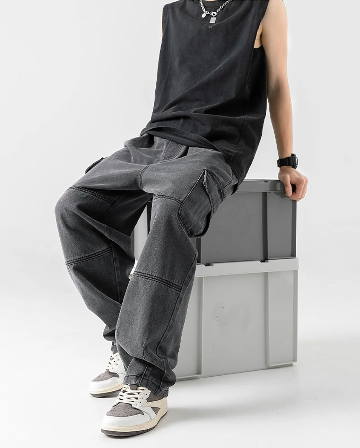 Mens Cargo Jeans Elastic Waist Drawstring Baggy Hip Hop Jeans Y2k Pull On Wide Leg Denim Pants for Teen Boys
