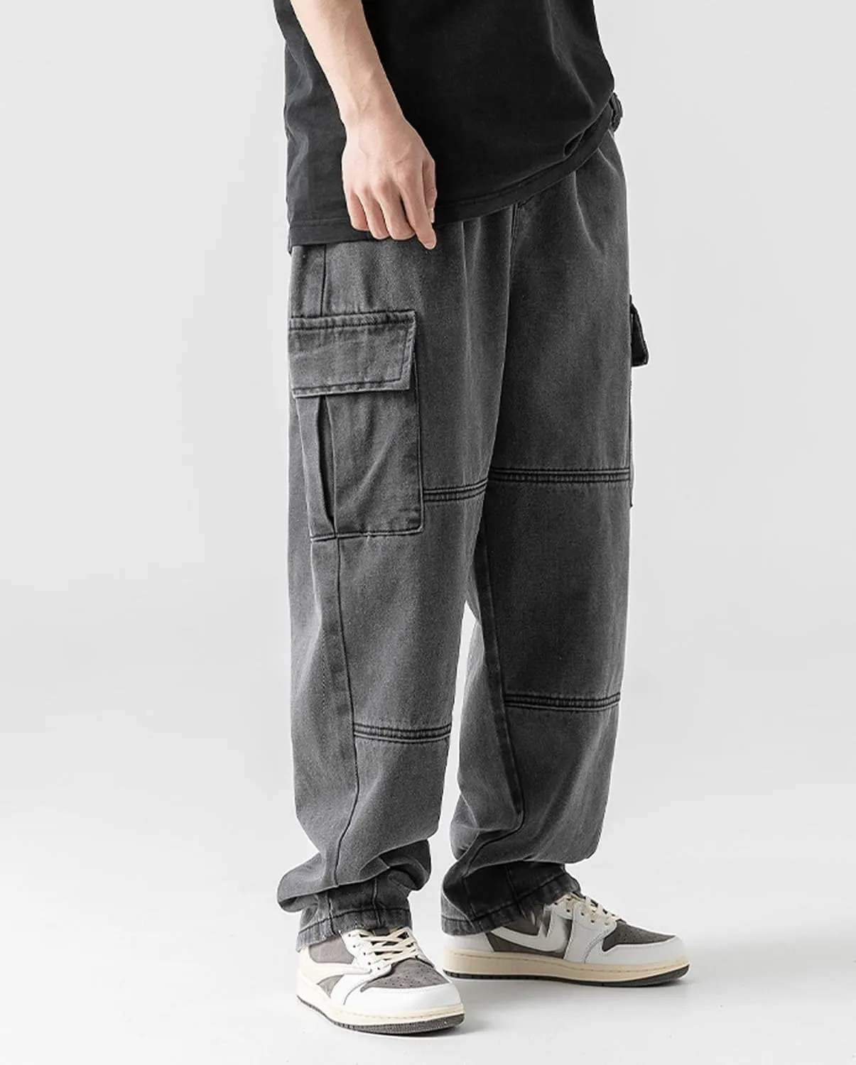 Mens Cargo Jeans Elastic Waist Drawstring Baggy Hip Hop Jeans Y2k Pull On Wide Leg Denim Pants for Teen Boys