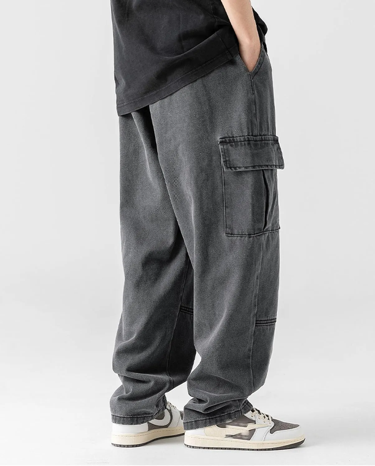 Mens Cargo Jeans Elastic Waist Drawstring Baggy Hip Hop Jeans Y2k Pull On Wide Leg Denim Pants for Teen Boys