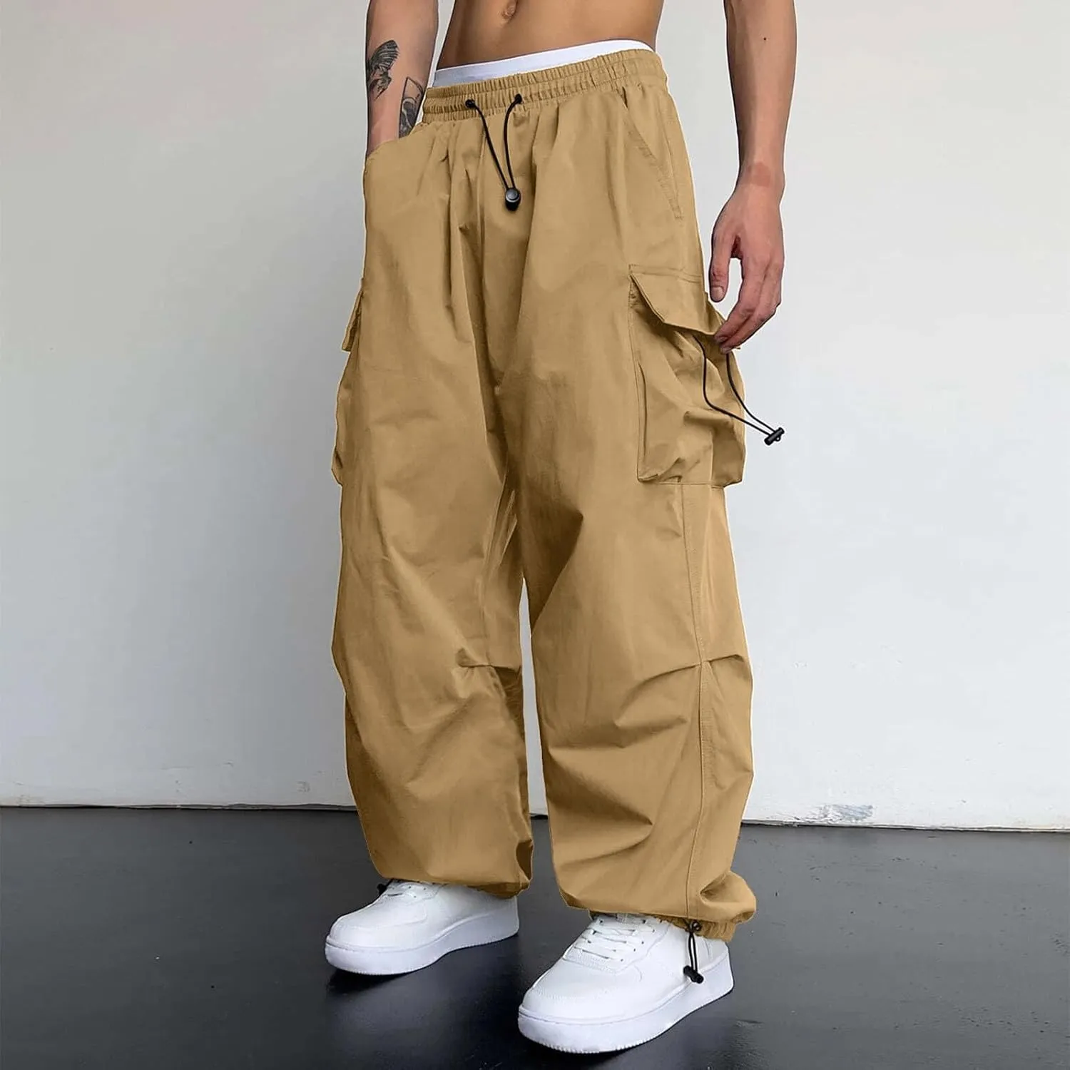 Mens Cargo Pant Elastic Waist Work Pant Multi Pockets Casual Stretchy Outdoor Pants
