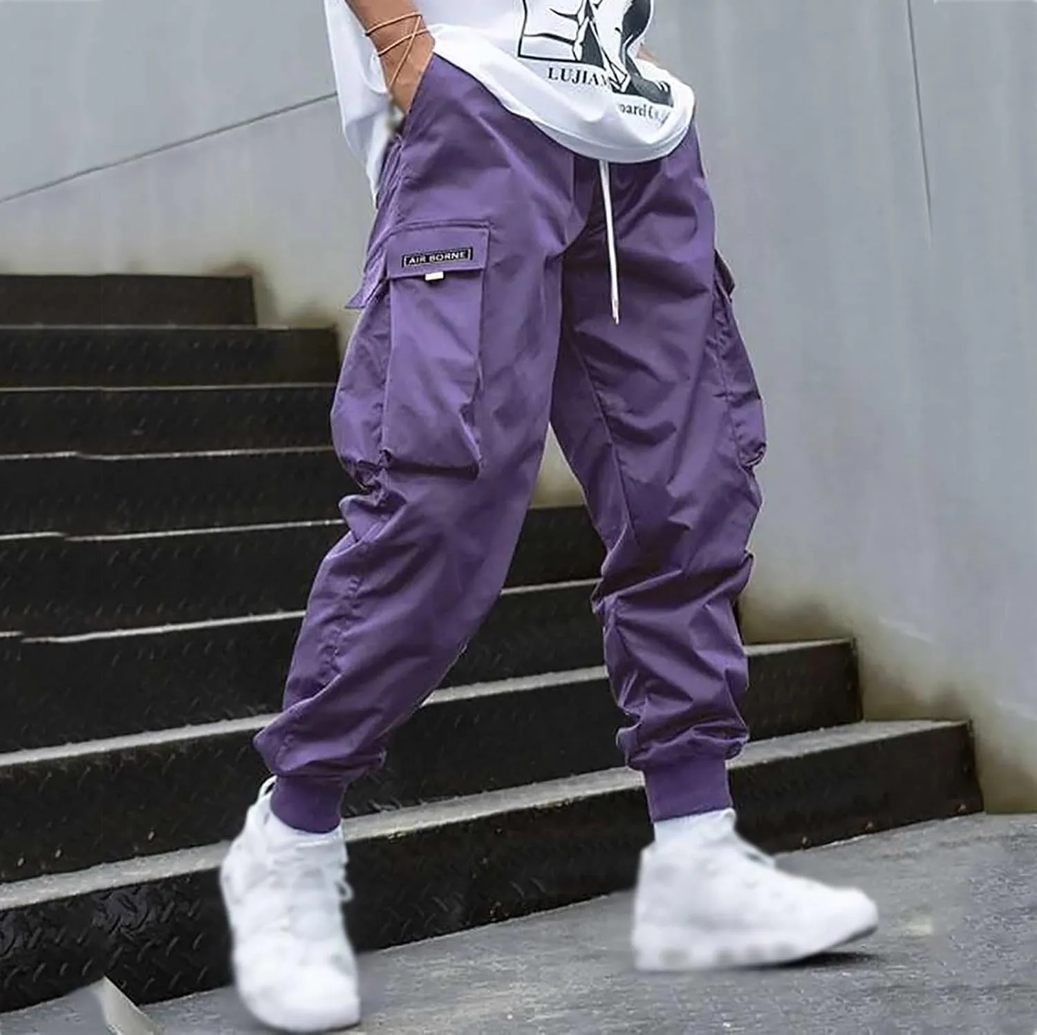 Mens Cargo Pants Summer Lightweight Elastic Waist Wide Pant Loose Fit Joggers Outdoor Hiking Trousers