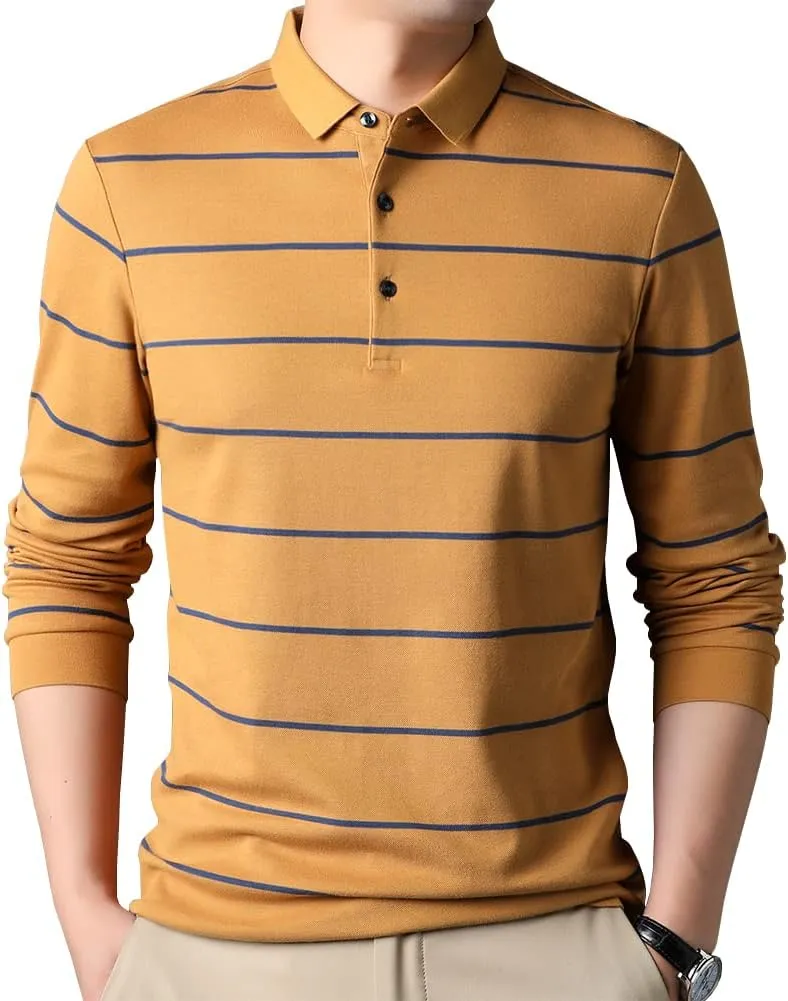 Mens Casual Cotton Striped Slim Fit Long Sleeve Collared T Shirt Polo Shirts