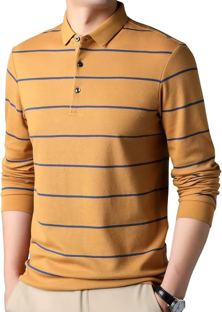 Mens Casual Cotton Striped Slim Fit Long Sleeve Collared T Shirt Polo Shirts