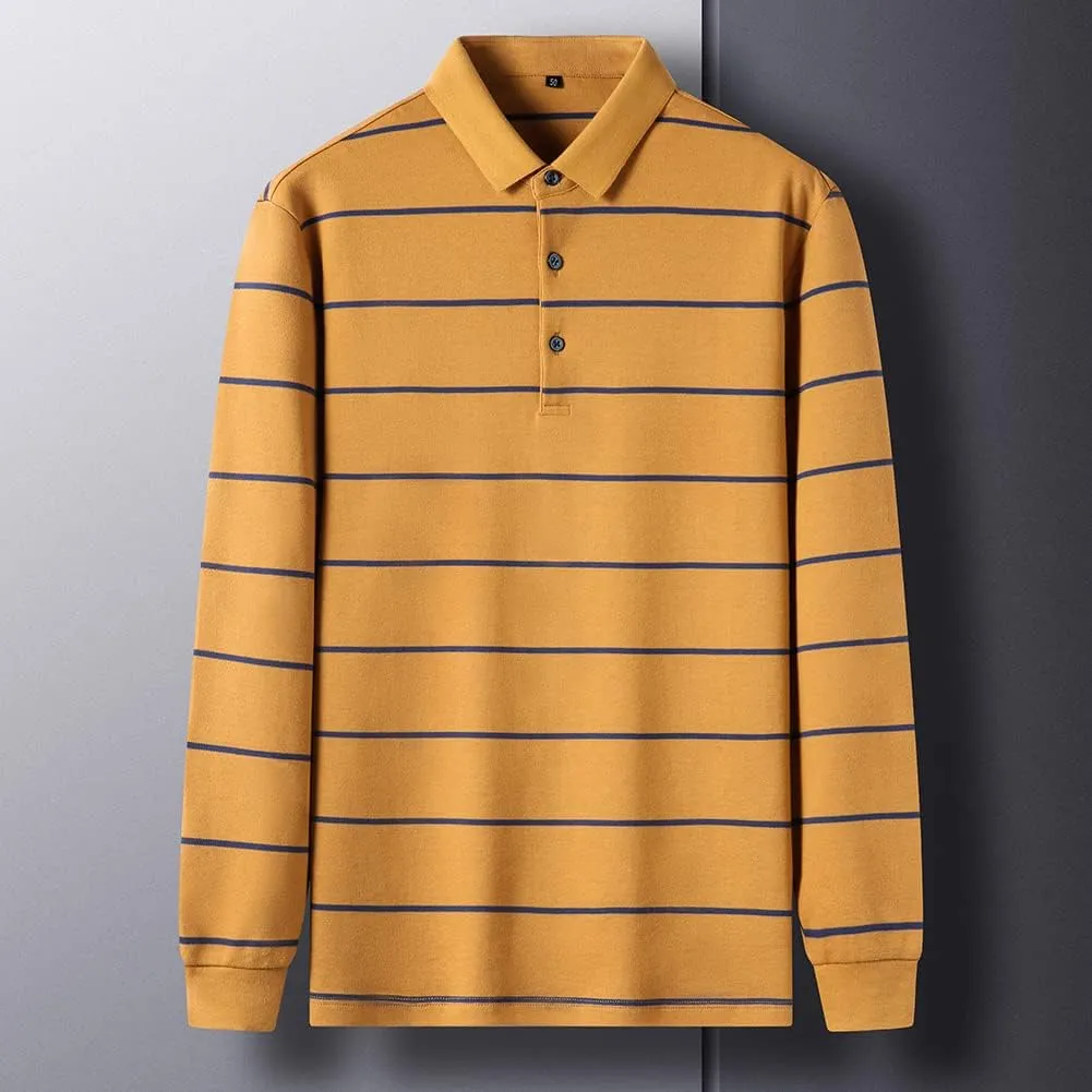 Mens Casual Cotton Striped Slim Fit Long Sleeve Collared T Shirt Polo Shirts