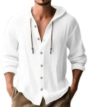 Men's Casual Linen Button - Down: Long Sleeve, Roll - Up, Hooded Tops for Summer Beach
