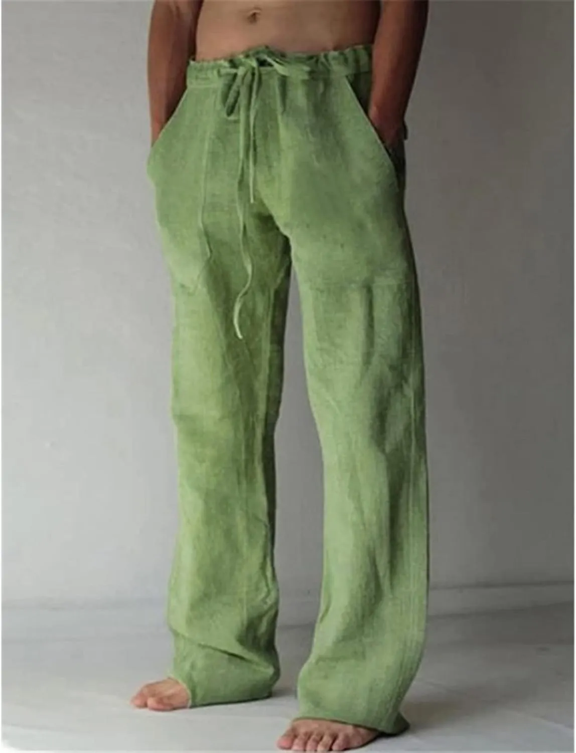 Mens Casual Linen Pants Elastic Waist Drawstring Straight Summer Beach Pants