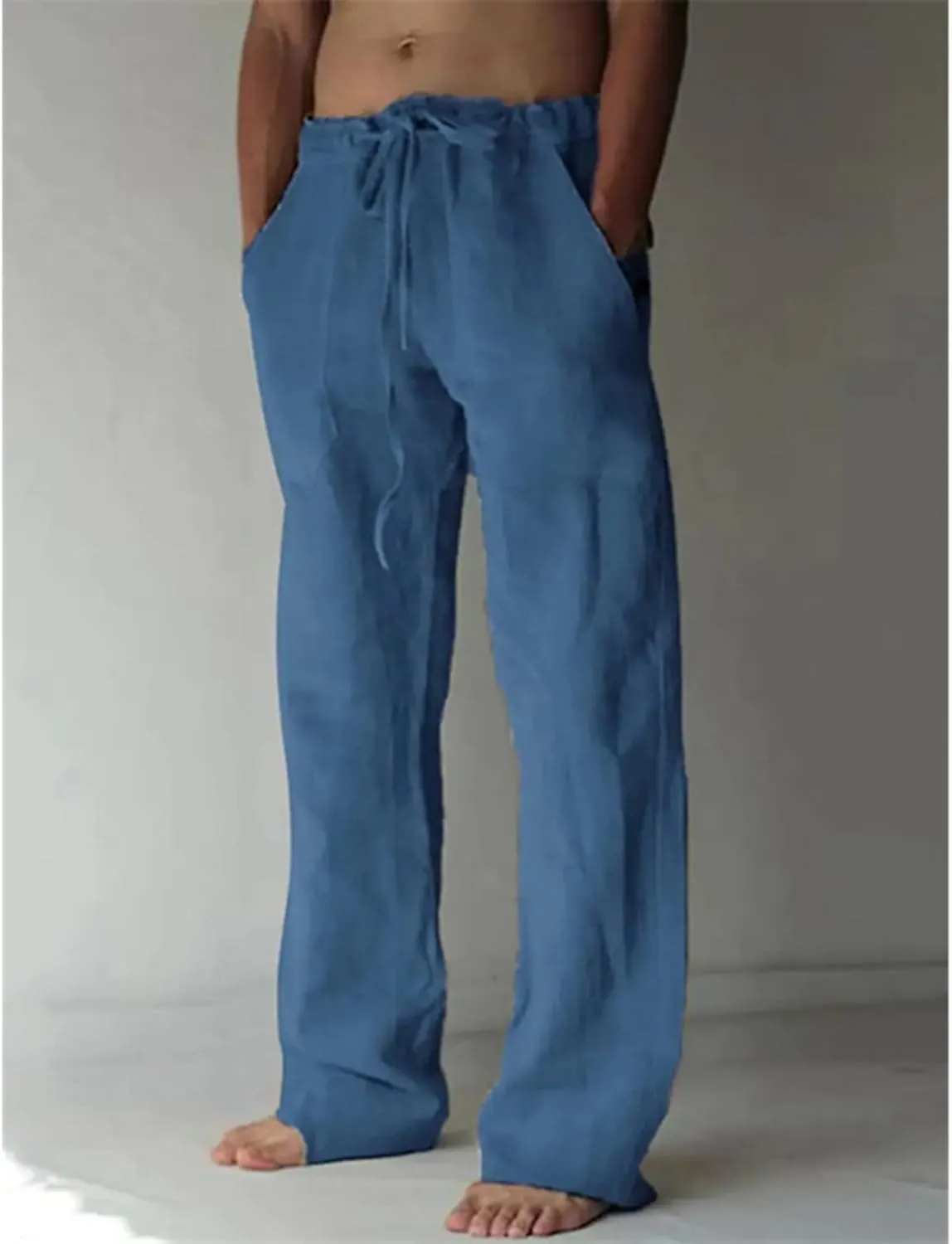 Mens Casual Linen Pants Elastic Waist Drawstring Straight Summer Beach Pants