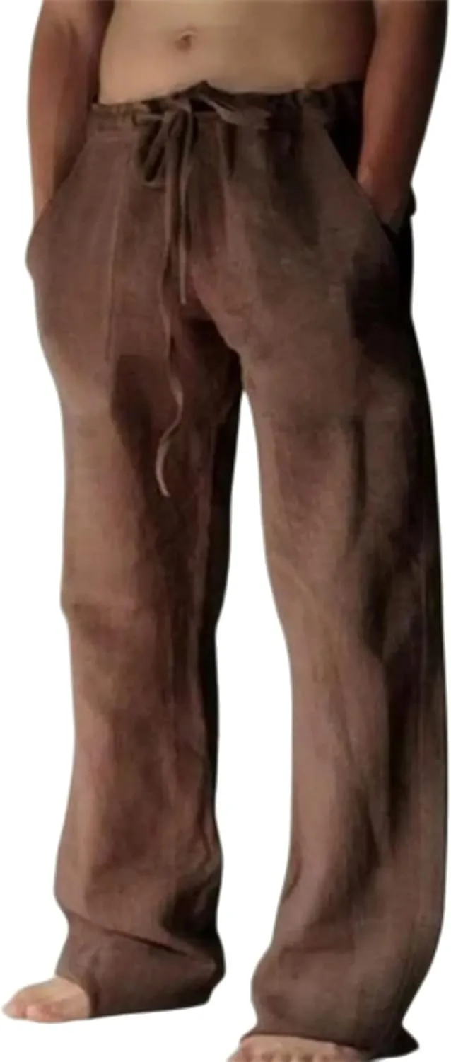 Mens Casual Linen Pants Elastic Waist Drawstring Straight Summer Beach Pants