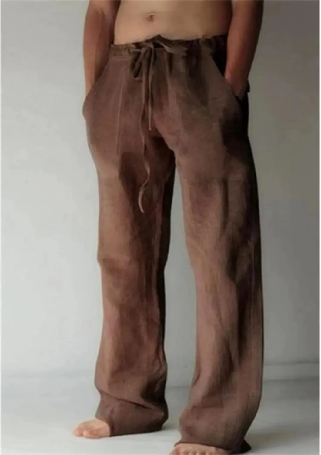 Mens Casual Linen Pants Elastic Waist Drawstring Straight Summer Beach Pants
