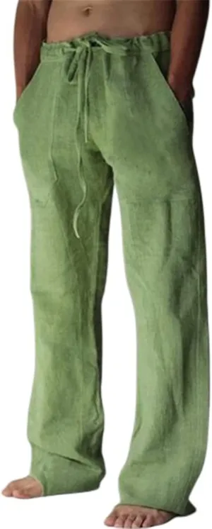 Mens Casual Linen Pants Elastic Waist Drawstring Straight Summer Beach Pants