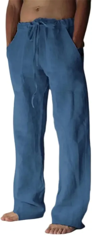 Mens Casual Linen Pants Elastic Waist Drawstring Straight Summer Beach Pants