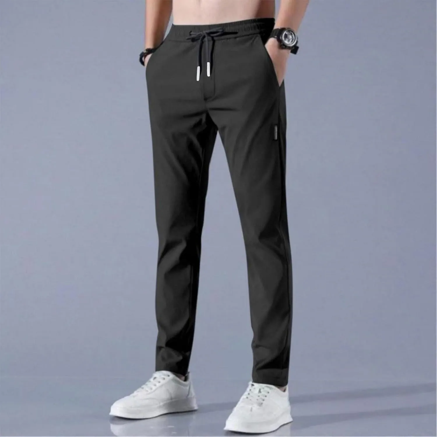 Men's Casual Pants Cotton Twill Drawstring Elastic Waist Chino Pants with Pockets