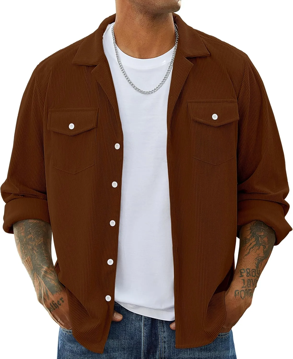 Mens Corduroy Jacket Shirts Long Sleeve Button Down Shacket Jacket with Flap Pockets