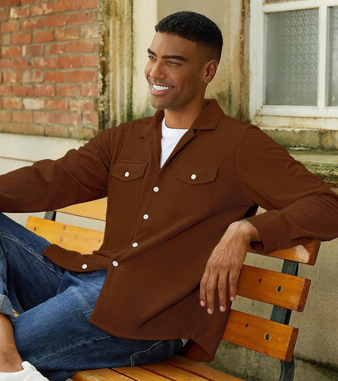 Mens Corduroy Jacket Shirts Long Sleeve Button Down Shacket Jacket with Flap Pockets