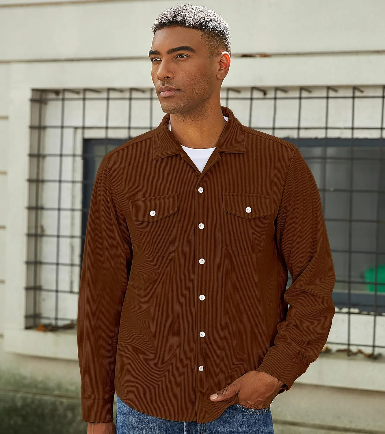 Mens Corduroy Jacket Shirts Long Sleeve Button Down Shacket Jacket with Flap Pockets