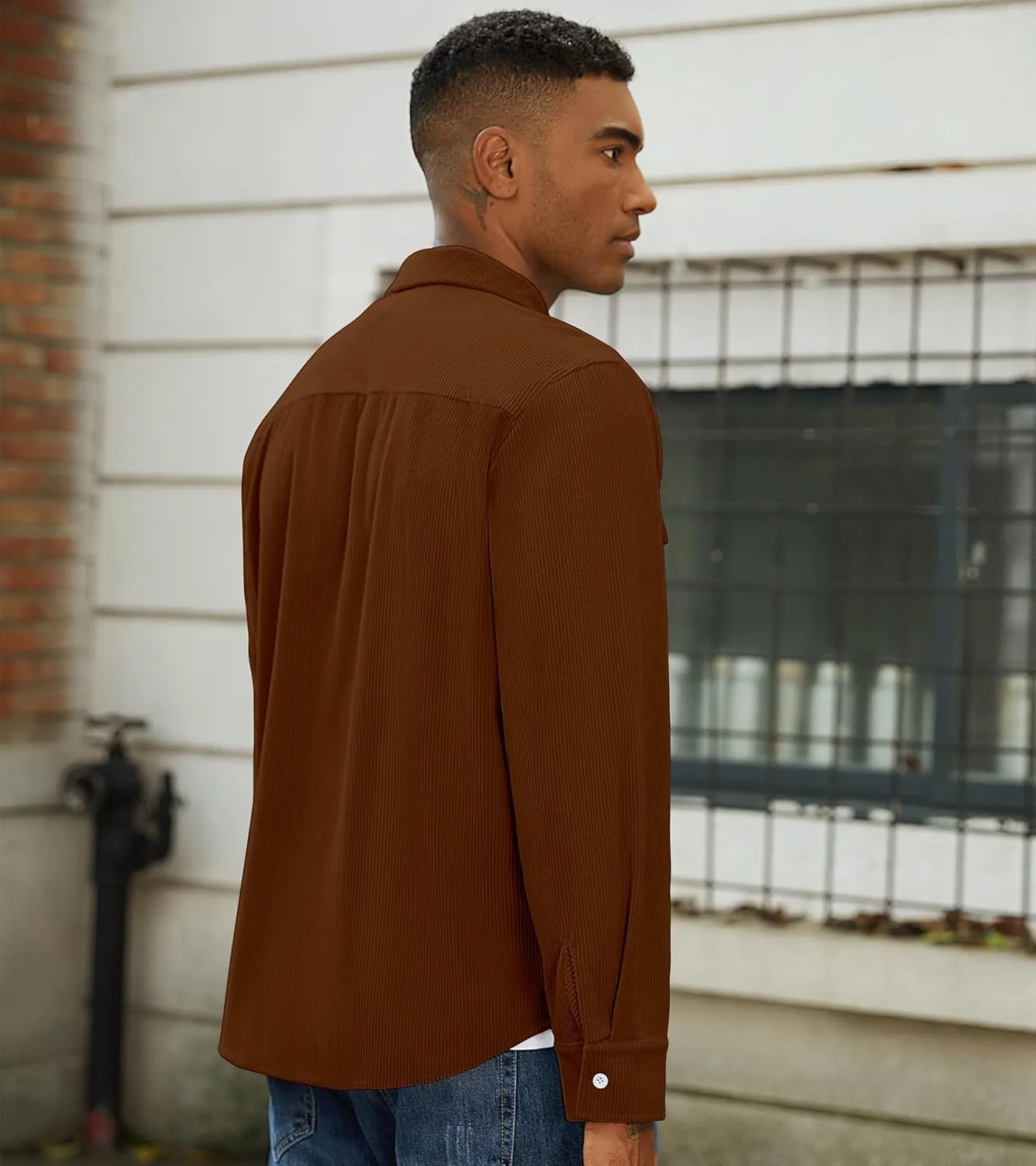 Mens Corduroy Jacket Shirts Long Sleeve Button Down Shacket Jacket with Flap Pockets