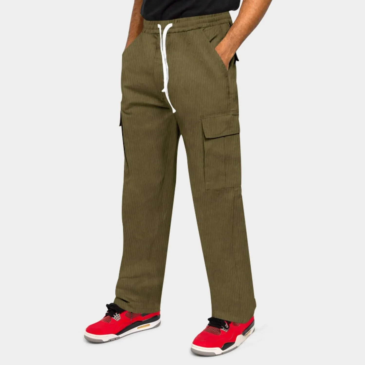 Men's Corduroy Pant Straight Fit Elastic Waist Flat-Front Casual Pants